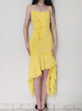 Cute Sheath Spaghetti Strap Beaded Yellow Ruffle Chiffon Prom Dress Graduation Prom Dress HZ1023