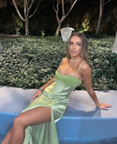 Charming A Line Spaghetti Straps Green Satin Long Prom Dress Evening Dress with Slit HZ1023
