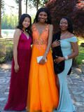 Charming A Line V Neck Appliques Orange Tulle Prom Dress Evening Dress HZ1023