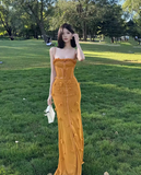 Charming Sheath Spaghetti Strap Flower Orange Tulle Long Party Dress Evening Dress HZ1023