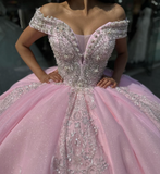 Pink Off the Shoulder Tulle Applique Long Prom Dress Quinceanera Dress Ball Gown HZ1023