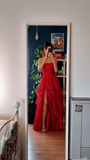 Sexy Red Tulle Tiered Long Prom Dress A Line Slit Evening Dress HZ1023
