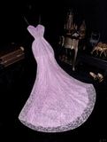Elegant Mermaid Spaghetti Strap Purple Lace Satin Long Prom Dress Party Dress HZ1023