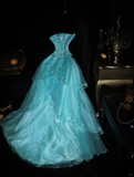 Classy A Line Strapless Beaded Layered Blue Organza Prom Dress Evening Dress HZ1023