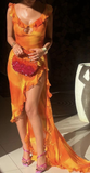 Sexy Ruffles Slit Chiffon Long Prom Dress Party Evening Dress HZ1023