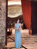 Gentle Baby Blue A Line Halter Beaded Chiffon Open Back Evening Dress Party Dress HZ1023