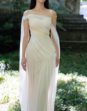 Flowy Simple Ivory A Line Pleated Tulle Long Evening Dress Party Dress HZ1023