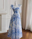 Blue Flower A Line Straps Chiffon Long Prom Dress with Slit HZ1023