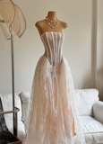 Champagne A Line Strapless Corset Lace Long Prom Dress Evening Dress HZ1023
