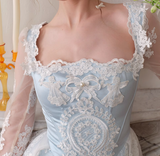 Gentle Baby Blue Satin White Lace Long Sleeve Prom Dress Party Dress Birthday Dress HZ1023