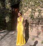 Yellow Sheath V Neck Satin Open Back Long Prom Dress Evening Dress HZ1023