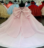 Pink Off the Shoulder Beaded Pearl Tulle Long Prom Dress Quinceanera Dress Ball Gown HZ1023