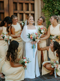 Backless A Line Round Neck Light Yellow Satin Long Bridesmaid Dress Evening Dress with Slit HZ1023