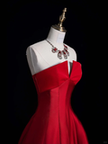 Simple A Line Strapless Red Satin Long Sweep Prom Dress Graduation Prom Dress HZ1023