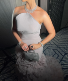 Elegant Mermaid Strapless Tiered Tulle Satin Long Prom Dress Evening Dress HZ1023