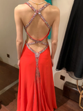 Vintage A Line Spaghetti Strap Red Beaded Sequin Chiffon Long Open Back Prom Dress Evening Dress HZ1023