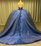 Pretty Ball Gown Sweetheart Neck Sequin Appliques Dark Blue Satin Sweet 16 Dress, Quinceanera Dress HZ1023