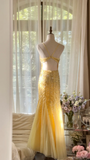 Light Yellow Mermaid Spaghetti Strap Sequin Beaded Chiffon Open Back Party Dress Evening Dress HZ1023