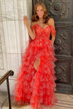 Off-the-shoulder Coral Print Tiered Tulle Long Prom Dress Evening Dress HZ1023