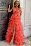 Off-the-shoulder Coral Print Tiered Tulle Long Prom Dress Evening Dress HZ1023