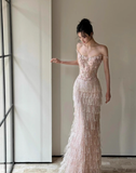 Exquisite Sheath Spaghetti Strap Beaded Tulle Prom Dress Evening Dress Party Dress HZ1023