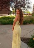 Light Yellow Sheath Straps Ruffle Print Floral Chiffon Evening Dress Outfits HZ1023