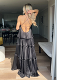 Sexy A Line Halter Black Satin Open Back Prom Dress Evening Dress HZ1023