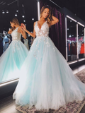 V Neck Open Back Tulle Applique Long Prom Dress HZ1023
