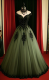 Green A-line Tulle Prom Dress Off The Shoulder Formal Evening Gown HZ1023