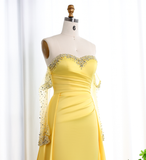 Elegant A Line Sweetheart Neck Long Sleeve Rhinestone Satin Long Prom Evening Dress HZ1023