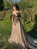 Off The Shoulder Tulle Applique Long Prom Dress HZ1023