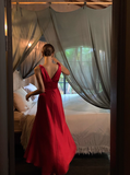 Classic Red A Line V Neck Satin Long Prom Dress Party Dress HZ1023