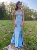 Blue Mermaid Beaded Long Prom Dress Evening Dress HZ1023