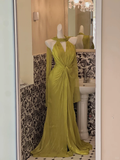 Flowy Green Mermaid V Neck Chiffon Long Party Dress Prom Dress Formal Dress HZ1023