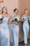 Off the Shoulder Light Blue Sheath Bridesmaid Dress HZ1023