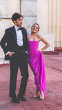 Charming Sheath Spaghetti Strap Hot Pink Chiffon Long Prom Dress Evening Dress HZ1023