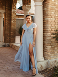 Gentle A Line Ruffle Blue Chiffon Evening Dress Bridesmaid Dress with Slit HZ1023