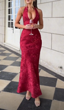 Chic Deep V Neck Mermaid Print Prom Dress Burgundy Evening Dress HZ1023