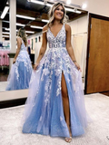 Shiny Blue Tulle Appliques Slit Prom Dress Evening Dress HZ1023