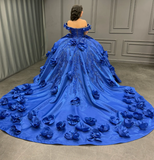 Gorgeous Ball Gown Off the Shoulder Flower Appliques Blue Satin Sweet 16 Dress, Quinceanera Dress HZ1023