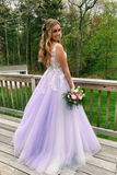 V Neck Open Back Tulle Applique Long Prom Dress HZ1023