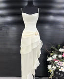 Elegant Sheath Spaghetti Strap Ruffle Ivory Chiffon Prom Dress Evening Dress HZ1023
