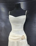 Elegant Sheath Spaghetti Strap Ruffle Ivory Chiffon Prom Dress Evening Dress HZ1023