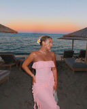 Pink A Line Strapless Ruffled Chiffon Prom Dress Outfits with Slit HZ1023