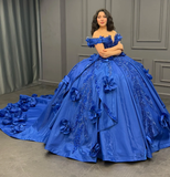 Gorgeous Ball Gown Off the Shoulder Flower Appliques Blue Satin Sweet 16 Dress, Quinceanera Dress HZ1023