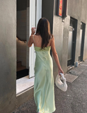 Charming A Line Spaghetti Straps Green Satin Long Prom Dress Evening Dress with Slit HZ1023
