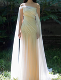 Flowy Simple Ivory A Line Pleated Tulle Long Evening Dress Party Dress HZ1023