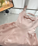 Cute A Line Straps Bow Light Pink Satin Short Homecoming Dress Cocktail Dress HZ1023