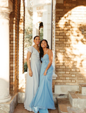 Gentle A Line Ruffle Blue Chiffon Evening Dress Bridesmaid Dress with Slit HZ1023