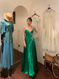 Vintage A Line Halter Pleated Beaded Sequin Emerald Satin Open Back Prom Dress Evening Dress HZ1023